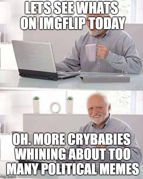 Hide the Pain Harold | LETS SEE WHATS ON IMGFLIP TODAY; OH. MORE CRYBABIES WHINING ABOUT TOO MANY POLITICAL MEMES | image tagged in memes,hide the pain harold | made w/ Imgflip meme maker