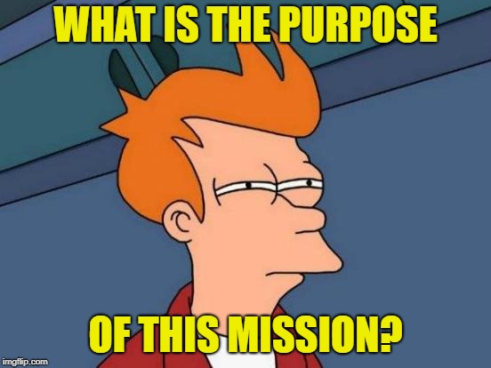 Futurama Fry Meme | WHAT IS THE PURPOSE OF THIS MISSION? | image tagged in memes,futurama fry | made w/ Imgflip meme maker