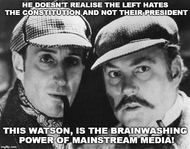 sherlock holmes | HE DOESN'T REALISE THE LEFT HATES THE CONSTITUTION AND NOT THEIR PRESIDENT THIS WATSON, IS THE BRAINWASHING POWER OF MAINSTREAM MEDIA! | image tagged in sherlock holmes | made w/ Imgflip meme maker