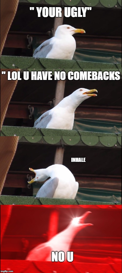 Inhaling Seagull Meme | " YOUR UGLY"; " LOL U HAVE NO COMEBACKS; INHALE; NO U | image tagged in memes,inhaling seagull | made w/ Imgflip meme maker