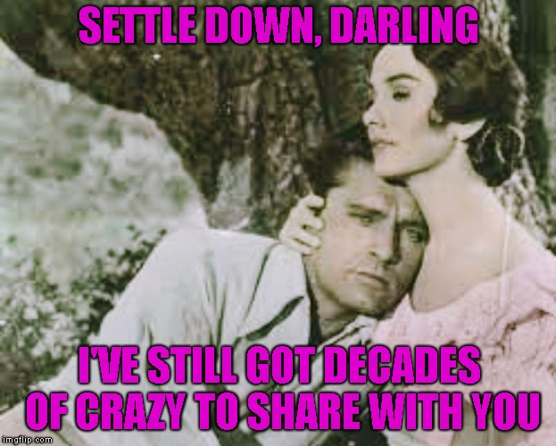 Comforting | SETTLE DOWN, DARLING I'VE STILL GOT DECADES OF CRAZY TO SHARE WITH YOU | image tagged in comforting | made w/ Imgflip meme maker