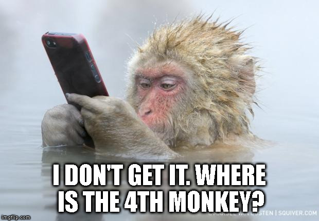 monkey mobile phone | I DON'T GET IT. WHERE IS THE 4TH MONKEY? | image tagged in monkey mobile phone | made w/ Imgflip meme maker