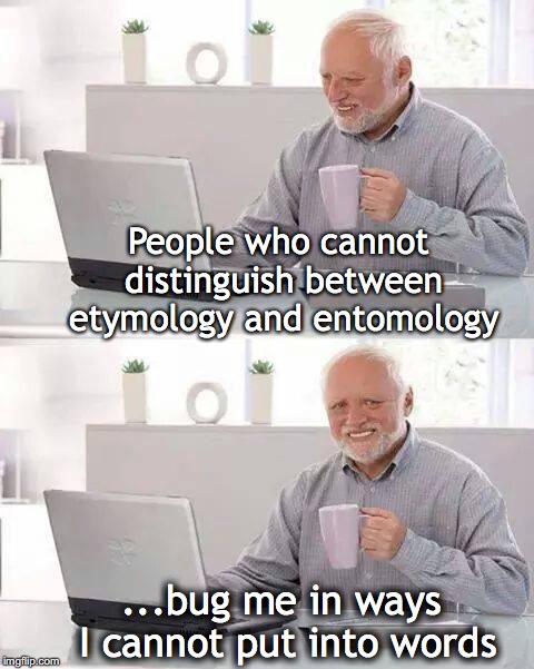 Hide the Pain Harold | People who cannot distinguish between etymology and entomology; ...bug me in ways I cannot put into words | image tagged in memes,hide the pain harold,language,vocabulary | made w/ Imgflip meme maker