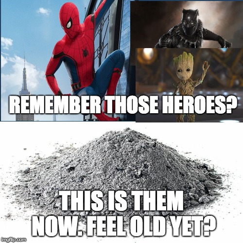 Nostalgia mate. Nostalgia | REMEMBER THOSE HEROES? THIS IS THEM NOW. FEEL OLD YET? | image tagged in feel old yet,memes,avengers infinity war,spiderman,baby groot,black panther | made w/ Imgflip meme maker