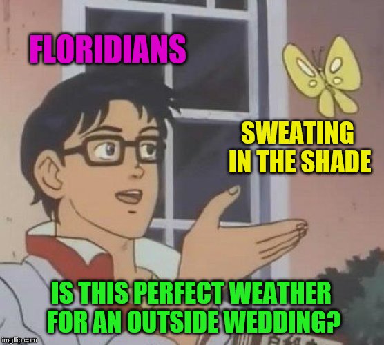 It should be against the law. |  FLORIDIANS; SWEATING IN THE SHADE; IS THIS PERFECT WEATHER FOR AN OUTSIDE WEDDING? | image tagged in memes,is this a pigeon,florida,sweating,wedding,hot weather | made w/ Imgflip meme maker
