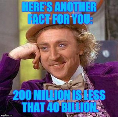 Creepy Condescending Wonka Meme | HERE'S ANOTHER FACT FOR YOU: 200 MILLION IS LESS THAT 40 BILLION. | image tagged in memes,creepy condescending wonka | made w/ Imgflip meme maker