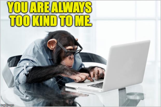 monkey-laptop | YOU ARE ALWAYS TOO KIND TO ME. | image tagged in monkey-laptop | made w/ Imgflip meme maker