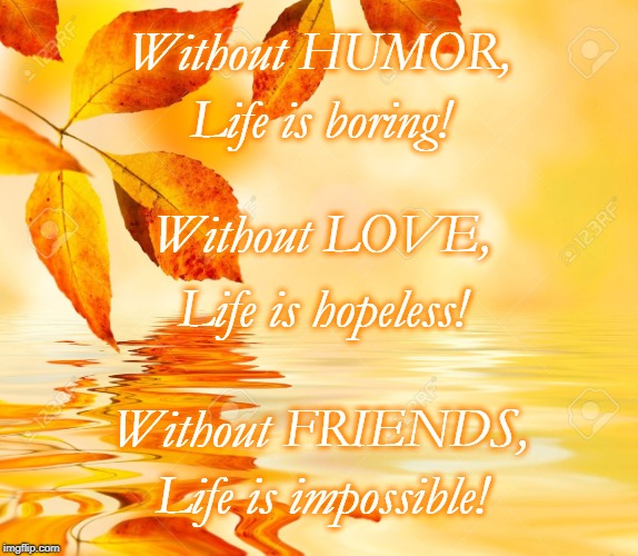 What Life Can't Be Without | Without HUMOR, Life is boring! Without LOVE, Life is hopeless! Without FRIENDS, Life is impossible! | image tagged in humor,love,friends,boring life,hopeless life,impossible life | made w/ Imgflip meme maker