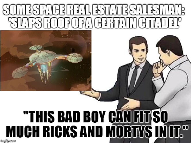 A notable moment in real estate | SOME SPACE REAL ESTATE SALESMAN: 'SLAPS ROOF OF A CERTAIN CITADEL'; "THIS BAD BOY CAN FIT SO MUCH RICKS AND MORTYS IN IT." | image tagged in salesman slaps roof of,rick and morty,memes | made w/ Imgflip meme maker