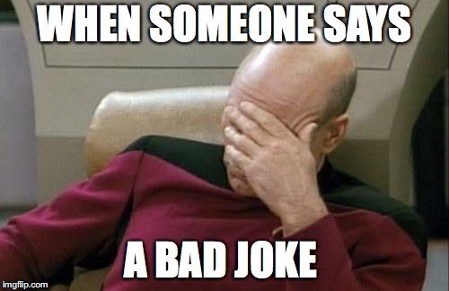 Captain Picard Facepalm Meme | WHEN SOMEONE SAYS; A BAD JOKE | image tagged in memes,captain picard facepalm | made w/ Imgflip meme maker