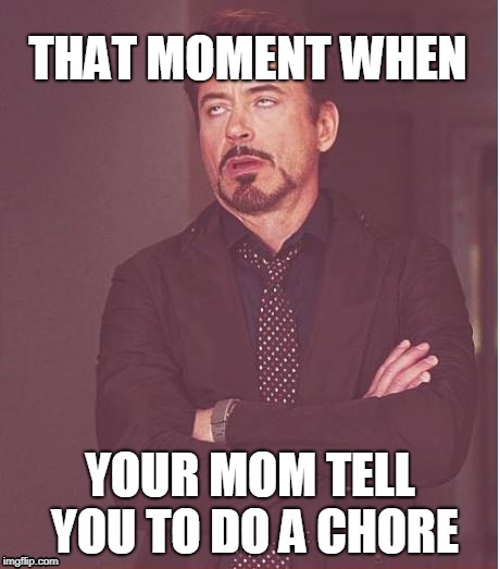 Face You Make Robert Downey Jr | THAT MOMENT WHEN; YOUR MOM TELL YOU TO DO A CHORE | image tagged in memes,face you make robert downey jr | made w/ Imgflip meme maker