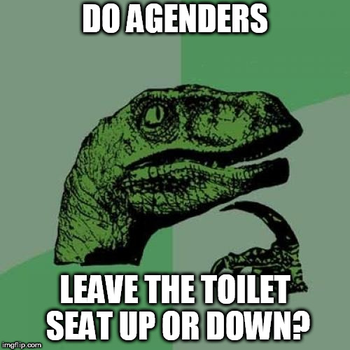 Philosoraptor Meme | DO AGENDERS; LEAVE THE TOILET SEAT UP OR DOWN? | image tagged in memes,philosoraptor | made w/ Imgflip meme maker