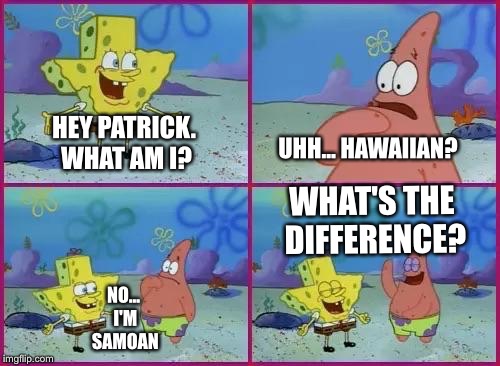 Spongebob Texas | UHH... HAWAIIAN? HEY PATRICK. WHAT AM I? WHAT'S THE DIFFERENCE? NO... I'M SAMOAN | image tagged in spongebob texas | made w/ Imgflip meme maker