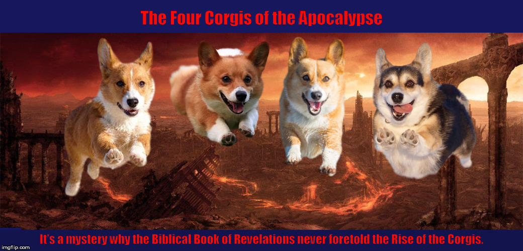The Four Corgis of the Apocalypse | The Four Corgis of the Apocalypse; It’s a mystery why the Biblical Book of Revelations never foretold the Rise of the Corgis. | image tagged in four horsemen of  the apocalypse,four corgis ot the apocalypse,apocalypse,corgis,memes,funny | made w/ Imgflip meme maker