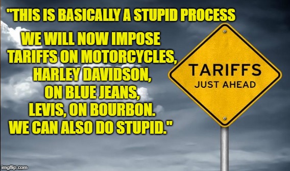 Jean-Claude Juncker, EU Trade Rep. | WE WILL NOW IMPOSE TARIFFS ON MOTORCYCLES, HARLEY DAVIDSON, ON BLUE JEANS, LEVIS, ON BOURBON. WE CAN ALSO DO STUPID."; "THIS IS BASICALLY A STUPID PROCESS | image tagged in trade war,stupid,trump | made w/ Imgflip meme maker