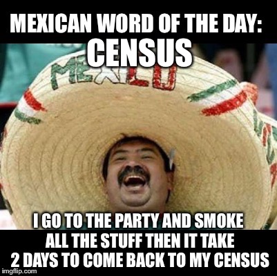 Mexican Word of the Day (LARGE) | CENSUS; I GO TO THE PARTY AND SMOKE ALL THE STUFF THEN IT TAKE 2 DAYS TO COME BACK TO MY CENSUS | image tagged in mexican word of the day large,memes,illegal immigration,funny | made w/ Imgflip meme maker