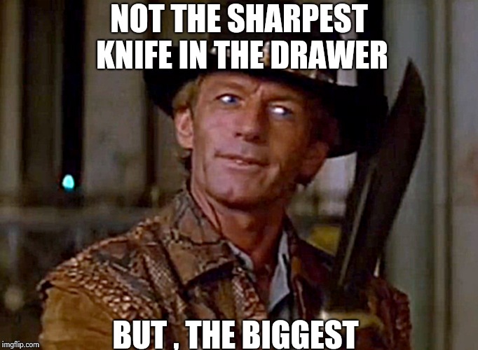 Crocodile Dundee Knife | NOT THE SHARPEST KNIFE IN THE DRAWER BUT , THE BIGGEST | image tagged in crocodile dundee knife | made w/ Imgflip meme maker