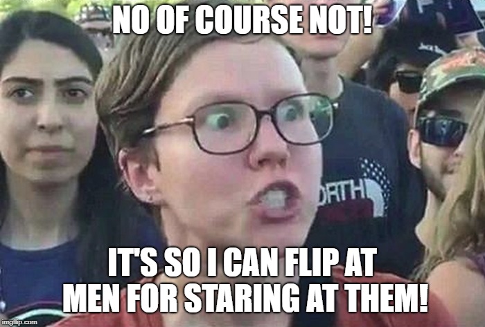 Triggered Liberal | NO OF COURSE NOT! IT'S SO I CAN FLIP AT MEN FOR STARING AT THEM! | image tagged in triggered liberal | made w/ Imgflip meme maker
