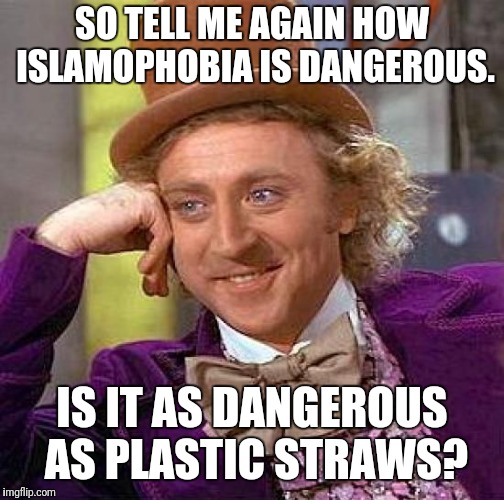 So tell me again... | SO TELL ME AGAIN HOW ISLAMOPHOBIA IS DANGEROUS. IS IT AS DANGEROUS AS PLASTIC STRAWS? | image tagged in memes,creepy condescending wonka,islamophobia,plastic straws | made w/ Imgflip meme maker