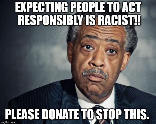 al sharpton racist | EXPECTING PEOPLE TO ACT RESPONSIBLY IS RACIST!! PLEASE DONATE TO STOP THIS. | image tagged in al sharpton racist | made w/ Imgflip meme maker