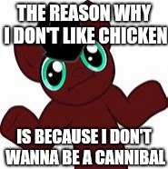 Poor Animals | THE REASON WHY I DON'T LIKE CHICKEN; IS BECAUSE I DON'T WANNA BE A CANNIBAL | image tagged in why does it staff brony,whydoesitstaffbronymemes,mlp,my little pony,chicken | made w/ Imgflip meme maker