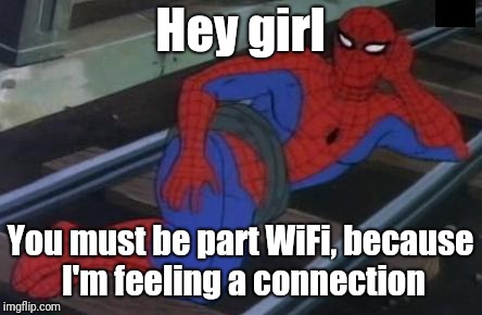 Sexy Railroad Spiderman | Hey girl; You must be part WiFi, because I'm feeling a connection | image tagged in memes,sexy railroad spiderman,spiderman | made w/ Imgflip meme maker
