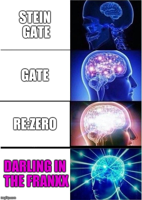 Expanding Brain | STEIN GATE; GATE; RE:ZERO; DARLING IN THE FRANXX | image tagged in memes,expanding brain | made w/ Imgflip meme maker