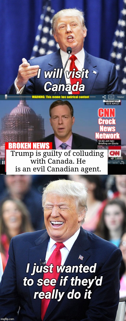 I will visit Canada; Trump is guilty of colluding with Canada. He is an evil Canadian agent. I just wanted to see if they'd really do it | image tagged in trump | made w/ Imgflip meme maker
