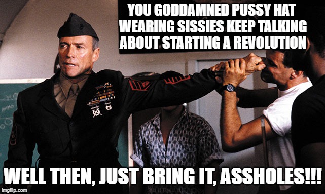 heartbreak ridge | YOU GODDAMNED PUSSY HAT WEARING SISSIES KEEP TALKING ABOUT STARTING A REVOLUTION; WELL THEN, JUST BRING IT, ASSHOLES!!! | image tagged in heartbreak ridge | made w/ Imgflip meme maker