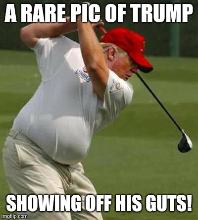 trump golf gut | A RARE PIC OF TRUMP SHOWING OFF HIS GUTS! | image tagged in trump golf gut,memes | made w/ Imgflip meme maker