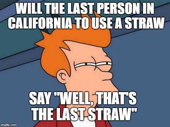 Seems logical... |  WILL THE LAST PERSON IN CALIFORNIA TO USE A STRAW; SAY "WELL, THAT'S THE LAST STRAW" | image tagged in memes,futurama fry,california,straws,environmental | made w/ Imgflip meme maker