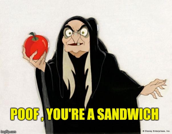 Crackhead Disney witch | POOF , YOU'RE A SANDWICH | image tagged in crackhead disney witch | made w/ Imgflip meme maker