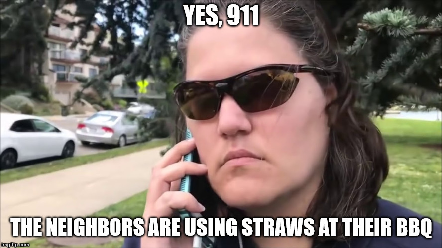 BBQ Becky ratting out people for using straws in California.  | YES, 911; THE NEIGHBORS ARE USING STRAWS AT THEIR BBQ | image tagged in bbq becky,clifton shepherd cliffshep,funny,california,straw ban | made w/ Imgflip meme maker