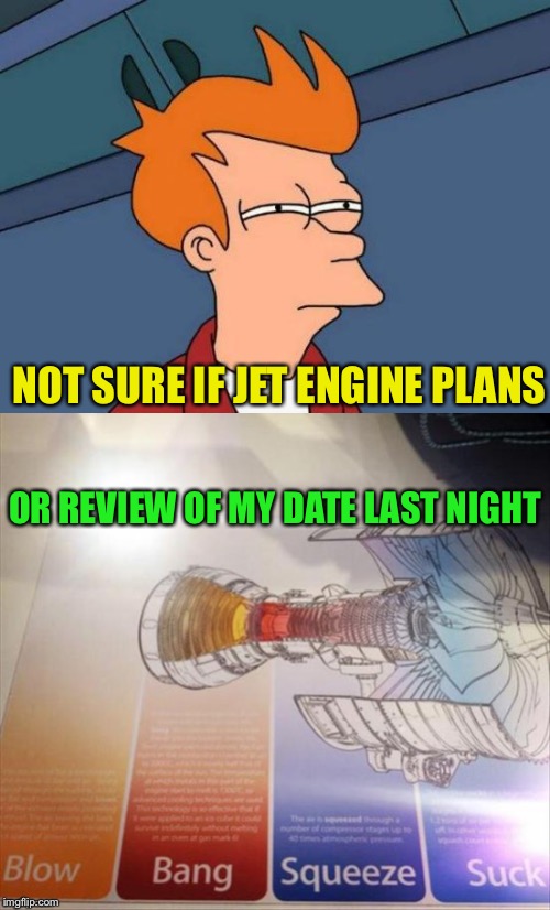 Naughty fry. | NOT SURE IF JET ENGINE PLANS; OR REVIEW OF MY DATE LAST NIGHT | image tagged in futurama fry,jet,memes,funny | made w/ Imgflip meme maker