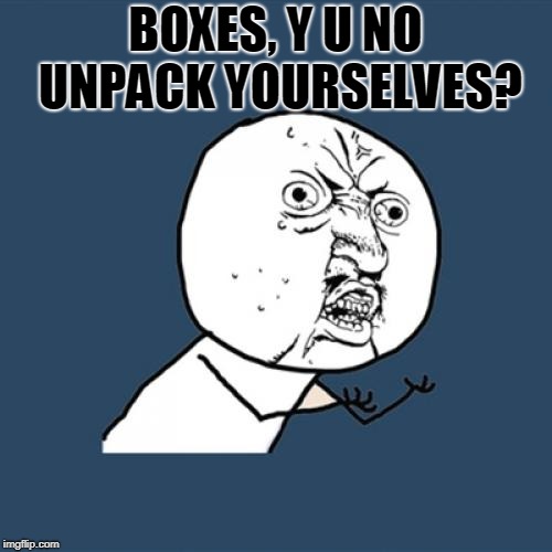 Y U No Meme | BOXES, Y U NO UNPACK YOURSELVES? | image tagged in memes,y u no | made w/ Imgflip meme maker