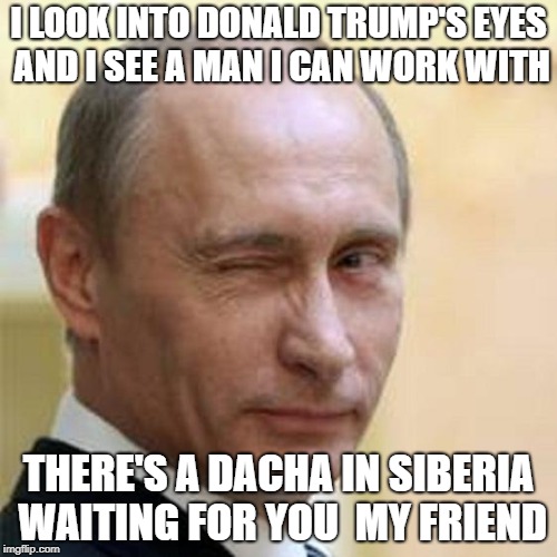 Putin Winking | I LOOK INTO DONALD TRUMP'S EYES AND I SEE A MAN I CAN WORK WITH; THERE'S A DACHA IN SIBERIA WAITING FOR YOU  MY FRIEND | image tagged in putin winking | made w/ Imgflip meme maker