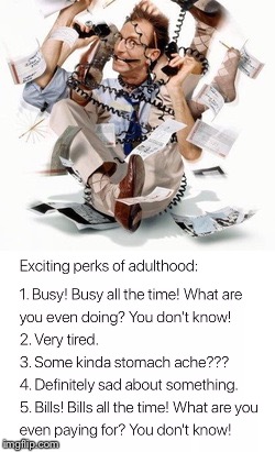 Busy Busy Busy | image tagged in adulthood,tired,sad,bills,dont know,stomach ache | made w/ Imgflip meme maker