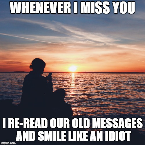 WHENEVER I MISS YOU; I RE-READ OUR OLD MESSAGES AND SMILE LIKE AN IDIOT | made w/ Imgflip meme maker