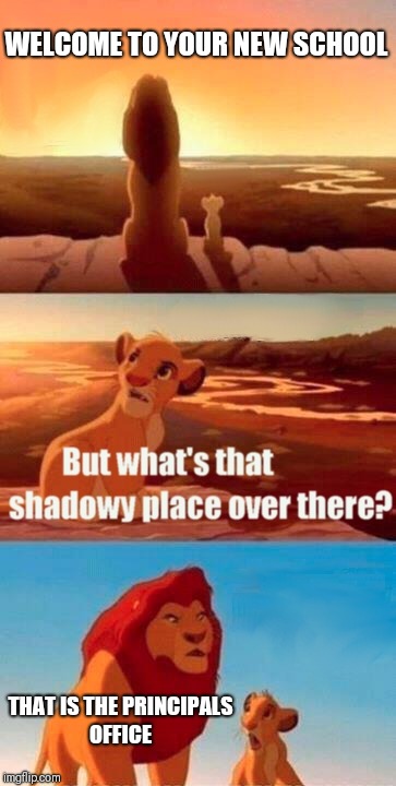 Simba Shadowy Place | WELCOME TO YOUR NEW SCHOOL; THAT IS THE PRINCIPALS OFFICE | image tagged in memes,simba shadowy place | made w/ Imgflip meme maker