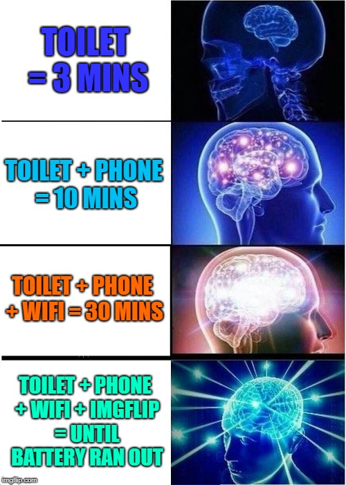 Expanding Time | TOILET = 3 MINS; TOILET + PHONE = 10 MINS; TOILET + PHONE + WIFI = 30 MINS; TOILET + PHONE + WIFI + IMGFLIP = UNTIL BATTERY RAN OUT | image tagged in memes,expanding brain,toilet,imgflip,phone | made w/ Imgflip meme maker