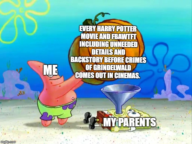 EVERY HARRY POTTER MOVIE AND FBAWTFT INCLUDING UNNEEDED DETAILS AND BACKSTORY BEFORE CRIMES OF GRINDELWALD COMES OUT IN CINEMAS. ME; MY PARENTS | image tagged in crimes of grindelwald,harry potter meme,fantastic beasts and where to find them | made w/ Imgflip meme maker