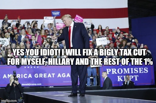 Trump rally | YES YOU IDIOT! I WILL FIX A BIGLY TAX CUT FOR MYSELF, HILLARY AND THE REST OF THE 1% | image tagged in trump rally,scumbag | made w/ Imgflip meme maker