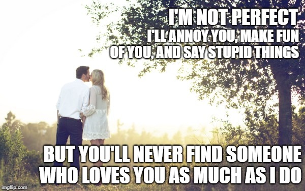 I'M NOT PERFECT; I'LL ANNOY YOU, MAKE FUN OF YOU, AND SAY STUPID THINGS; BUT YOU'LL NEVER FIND SOMEONE WHO LOVES YOU AS MUCH AS I DO | made w/ Imgflip meme maker