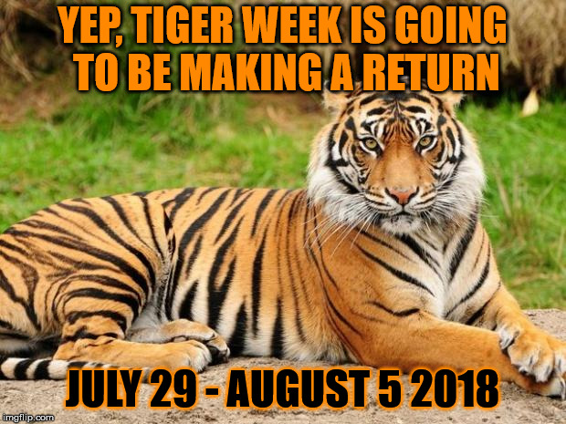 Announcing . . . TIGER WEEK 2018!! A TigerLegend1046 event. Details in the comments | YEP, TIGER WEEK IS GOING TO BE MAKING A RETURN; JULY 29 - AUGUST 5 2018 | image tagged in memes,tiger,tiger week,tiger week 2018,tigerlegend1046,return | made w/ Imgflip meme maker