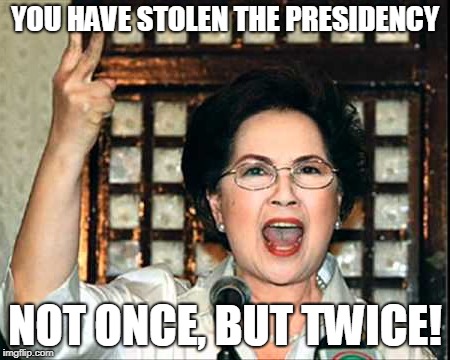 Galit si Lola Flora | YOU HAVE STOLEN THE PRESIDENCY; NOT ONCE, BUT TWICE! | image tagged in politics,political meme,gloria,philippines | made w/ Imgflip meme maker
