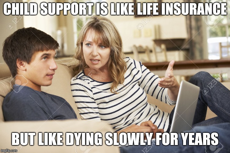Divorced mom and son | CHILD SUPPORT IS LIKE LIFE INSURANCE; BUT LIKE DYING SLOWLY FOR YEARS | image tagged in mother and son | made w/ Imgflip meme maker