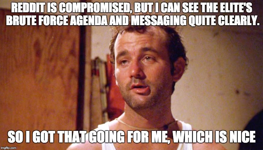 Bill Murray caddyshack | REDDIT IS COMPROMISED, BUT I CAN SEE THE ELITE'S BRUTE FORCE AGENDA AND MESSAGING QUITE CLEARLY. SO I GOT THAT GOING FOR ME, WHICH IS NICE | image tagged in bill murray caddyshack | made w/ Imgflip meme maker