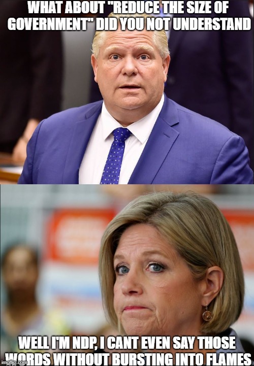 A politician that delivers? Say it aint so! | WHAT ABOUT "REDUCE THE SIZE OF GOVERNMENT" DID YOU NOT UNDERSTAND; WELL I'M NDP, I CANT EVEN SAY THOSE WORDS WITHOUT BURSTING INTO FLAMES | image tagged in ndp,big government,doug ford,andrea horwath,ontario,democratic socialism | made w/ Imgflip meme maker