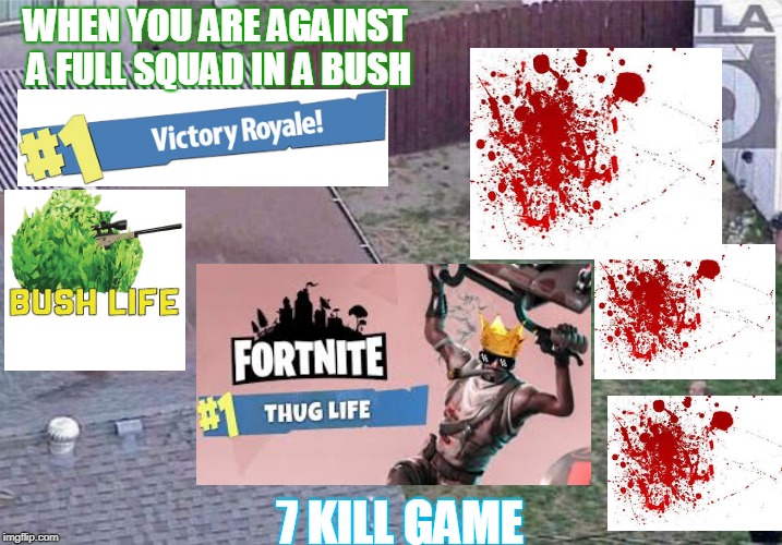 Fortnite meme | WHEN YOU ARE AGAINST A FULL SQUAD IN A BUSH; 7 KILL GAME | image tagged in fortnite meme | made w/ Imgflip meme maker