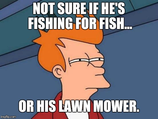 Futurama Fry Meme | NOT SURE IF HE'S FISHING FOR FISH... OR HIS LAWN MOWER. | image tagged in memes,futurama fry | made w/ Imgflip meme maker